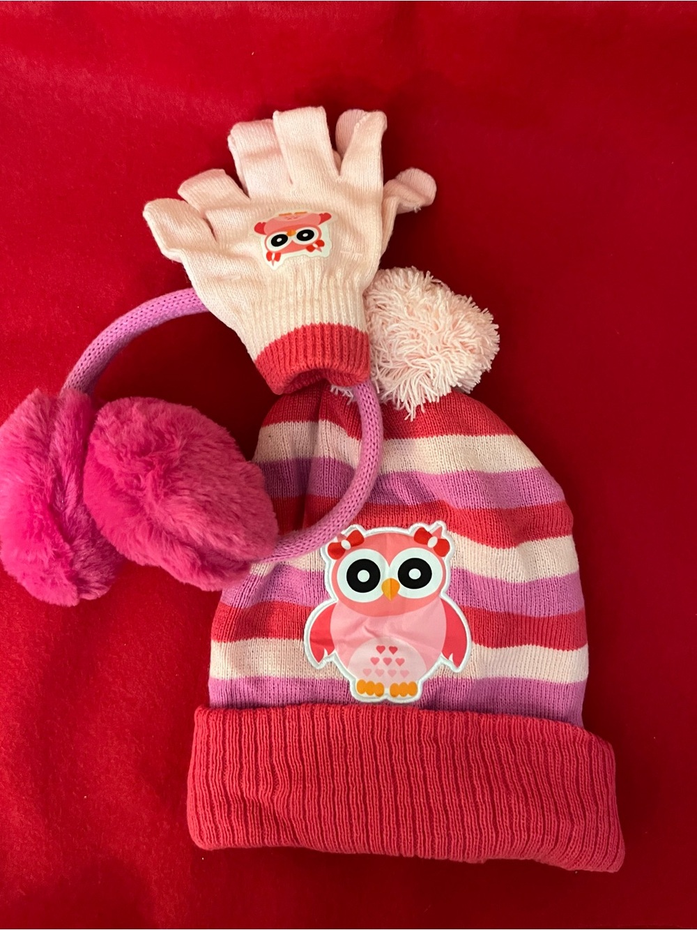 Kids 3 Piece Owl Pom Beanie Hat, Gloves, & Earmuffs Set